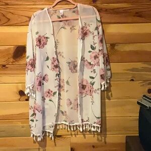Floral Sheer Kimono with Tassels